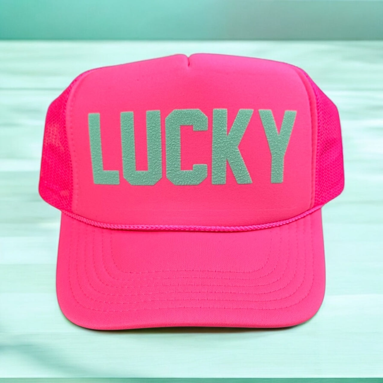 LUCKY (Mint Puff) - Neon Pink Trucker Hat