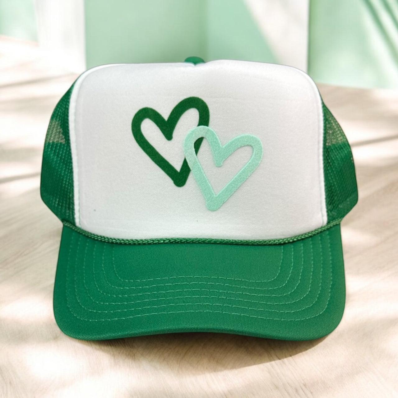 Double Heart (green) - White/Green Trucker Hat