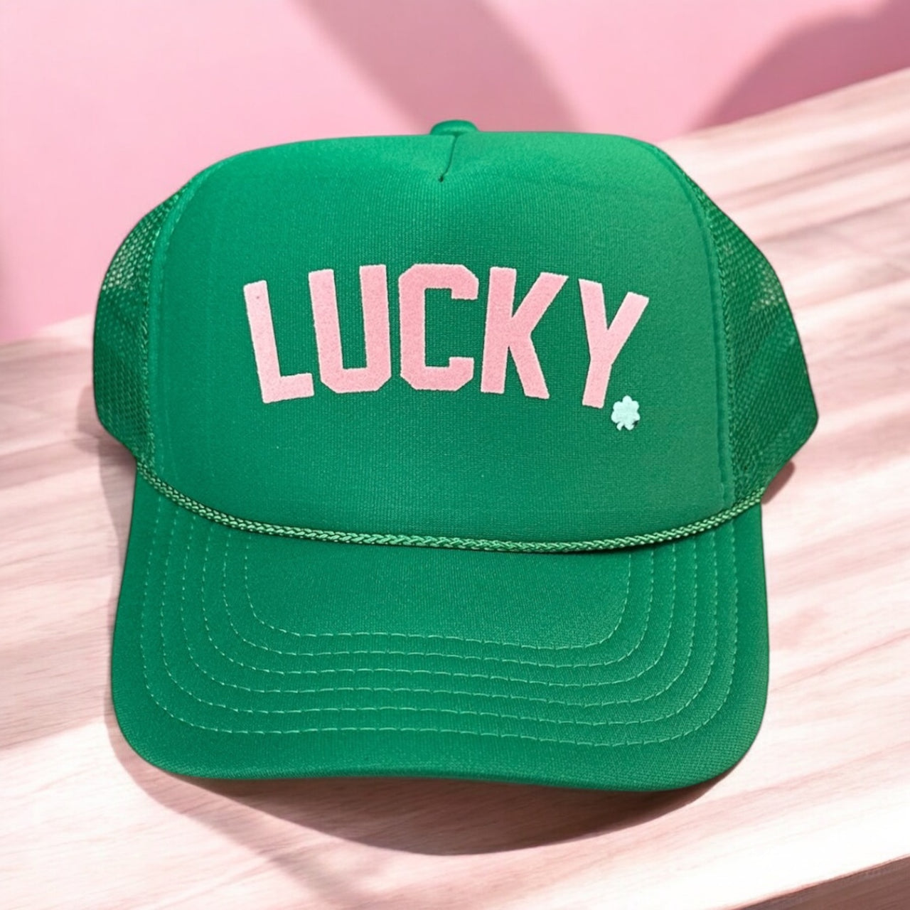 LUCKY (pink velvet) - Green Trucker Hat